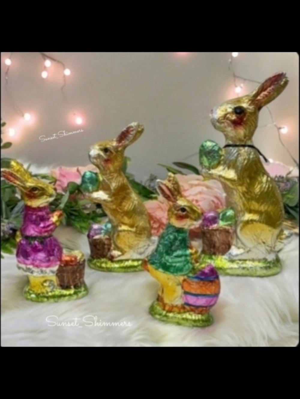 4pc Set Spring EASTER Gold Bunny Rabbit Faux FOIL CHOCOLATE Eggs Figurine Decor